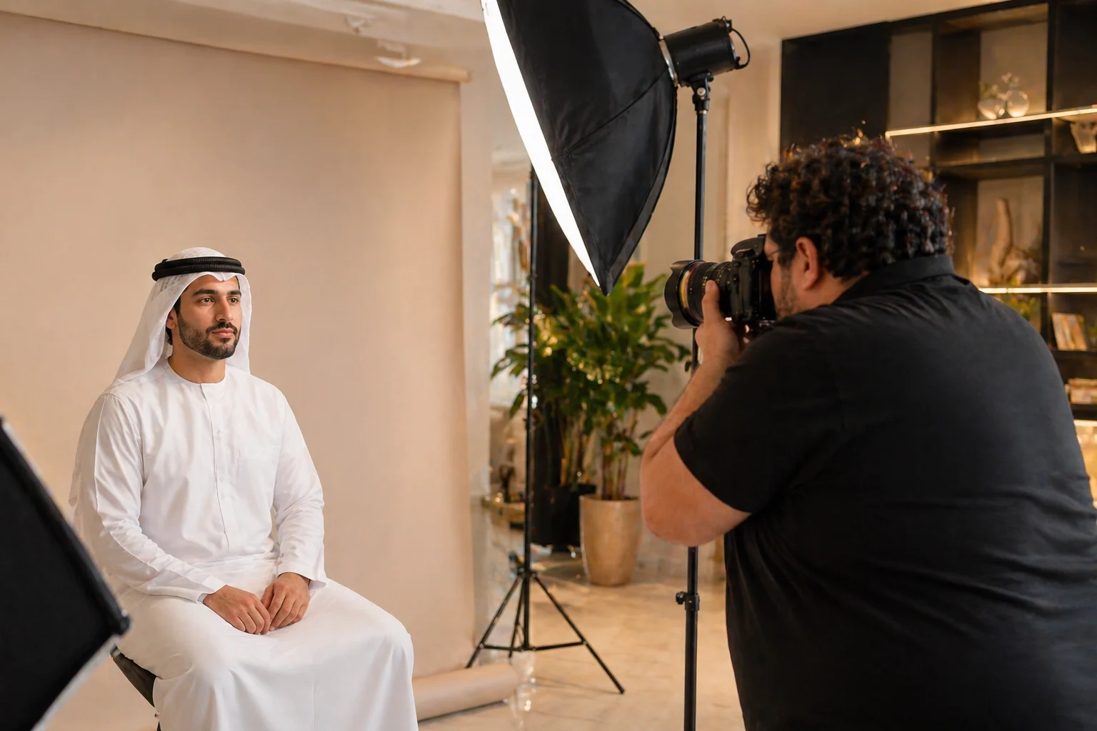 Photographer taking Emirates ID photos at home for a Dubai family — GDRFA compliant