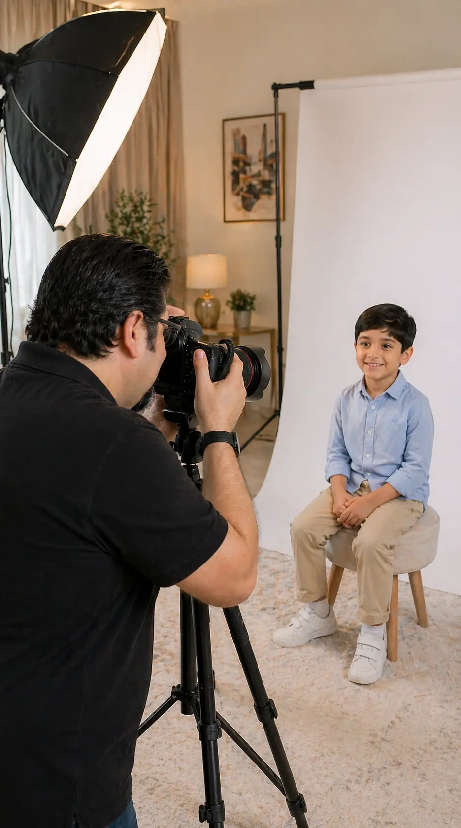 VisaPic photographer with professional DSLR camera and portable studio equipment at a Dubai home