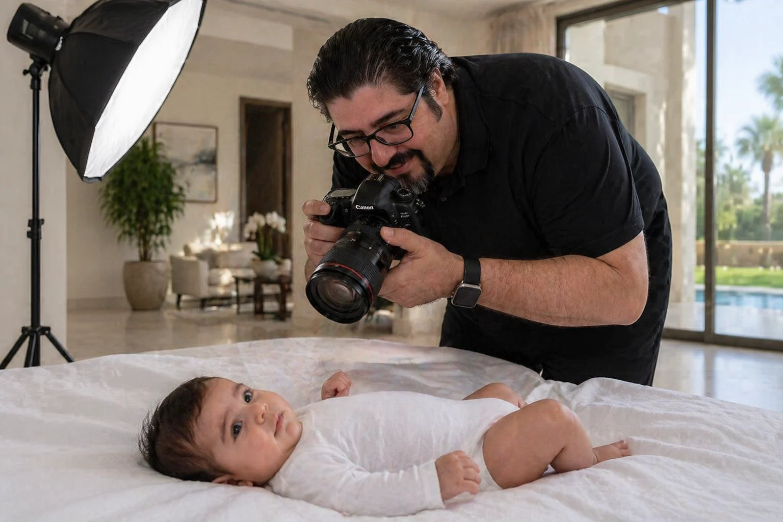 VisaPic photographer gently photographing a newborn for passport photos in a Dubai home