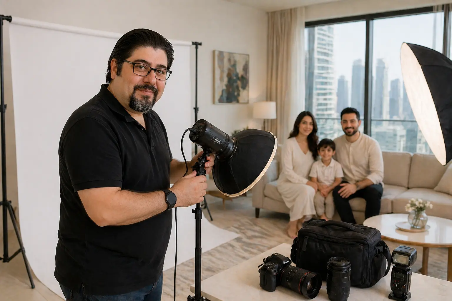 VisaPic photographer taking IRCC-compliant Canada passport photos at home in Dubai