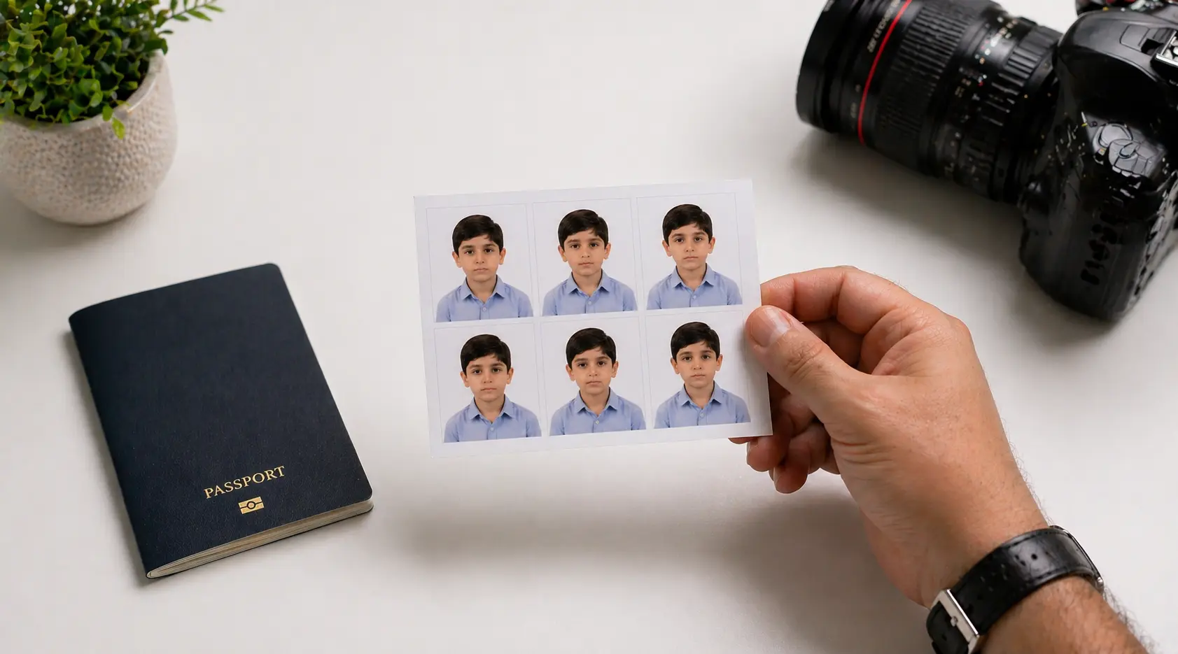 Professional passport photo being taken at home in Dubai — biometric compliant for 50+ countries