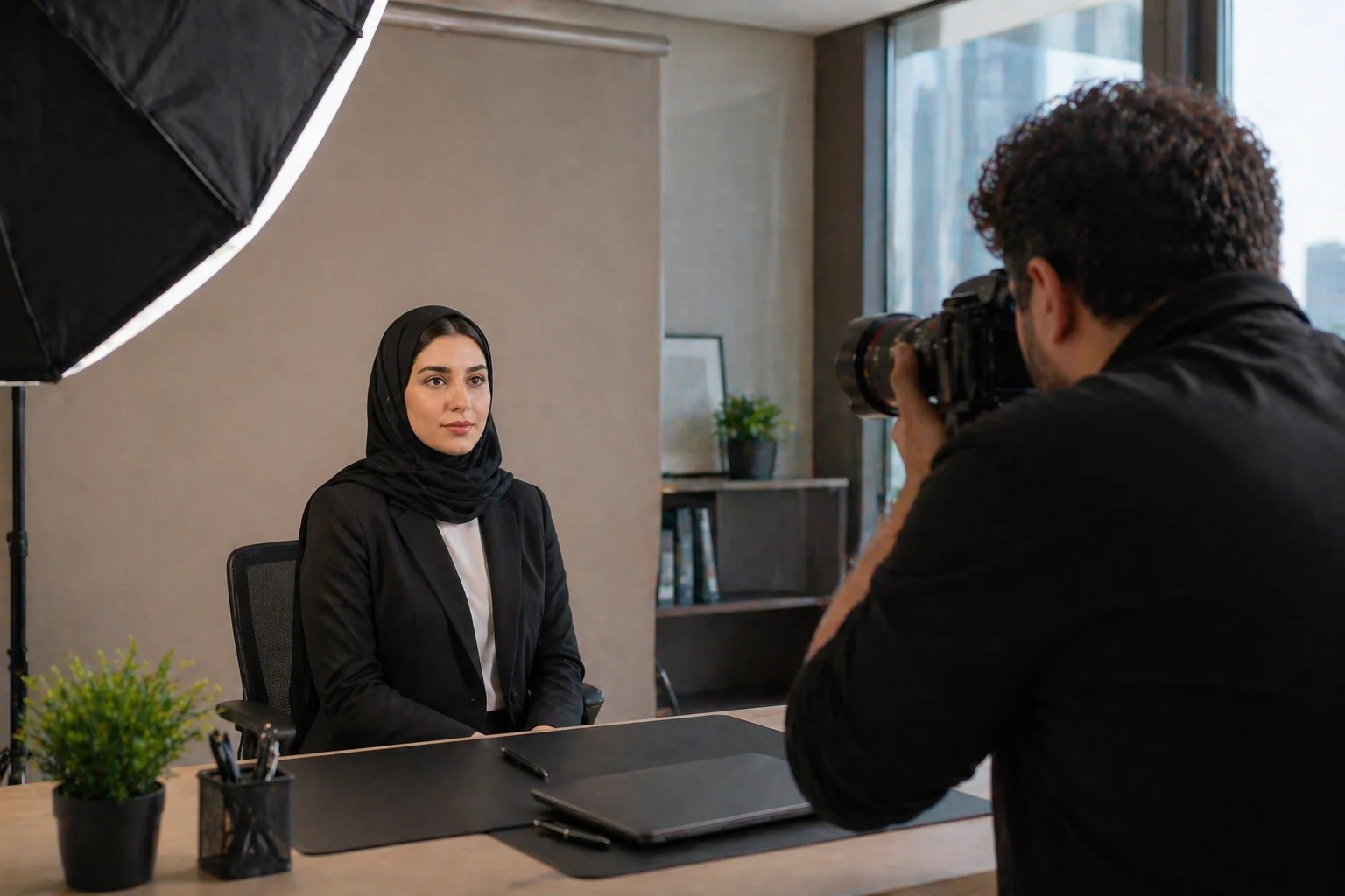 Professional headshot photography session in a Dubai home office with studio lighting