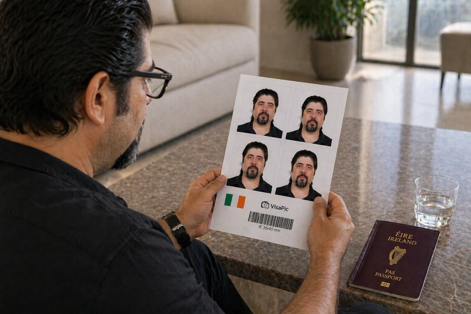 IDPC certified photographer taking Irish passport photos at home in Dubai