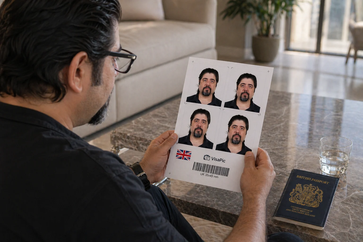 IDPC certified photographer photographing UK passport photos at home in Dubai