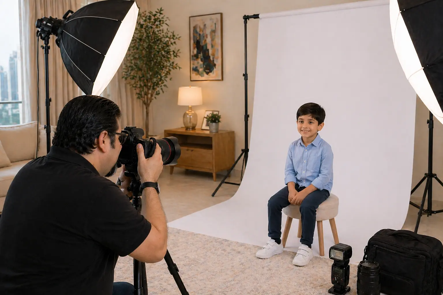 VisaPic photographer with professional camera equipment at a Dubai home